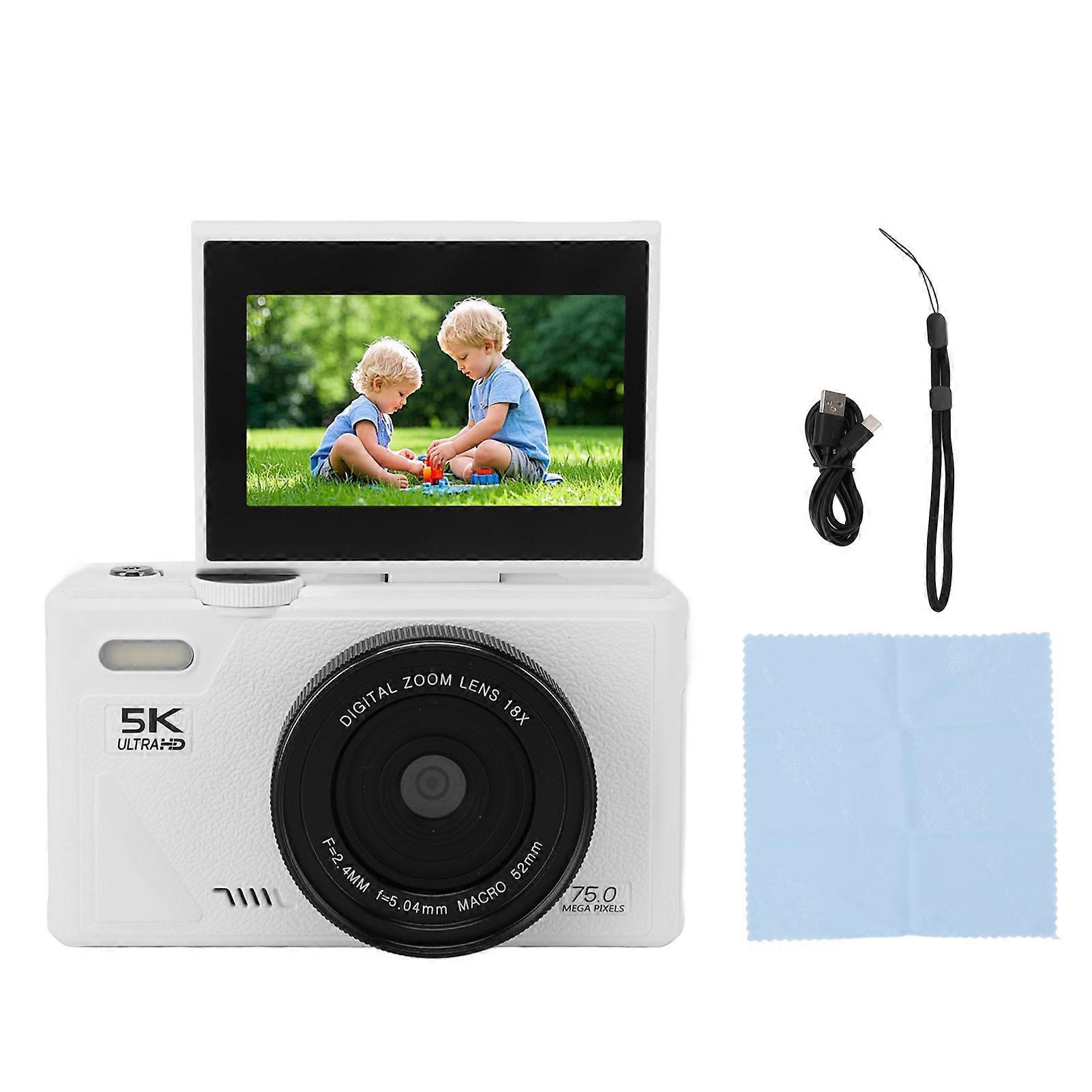 5K Digital Camera 75MP HD 18X Digital Zoom Autofocus Retro Mirrorless Camera with 3 Inch Screen for Travel Photography White