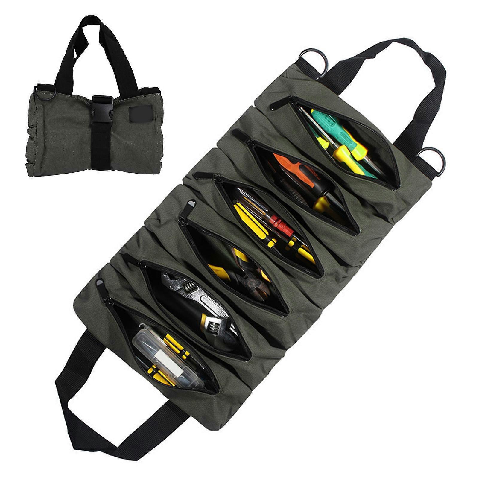 Roll Up Canvas Tool Bag with 6 Zipper Pockets for Parts Wrench Screwdriver Socket Pliers
