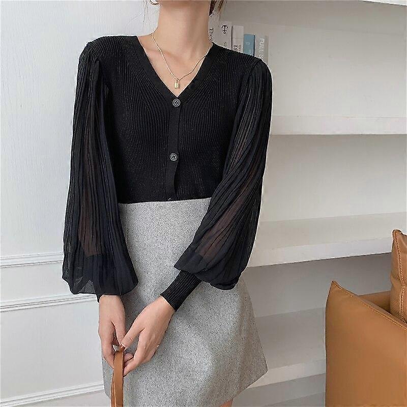 Womens Fall Crop Sweaters New Button Up Vintage Chiffon Lantern Long Sleeve Split Slim Tops Elegant Jumpers