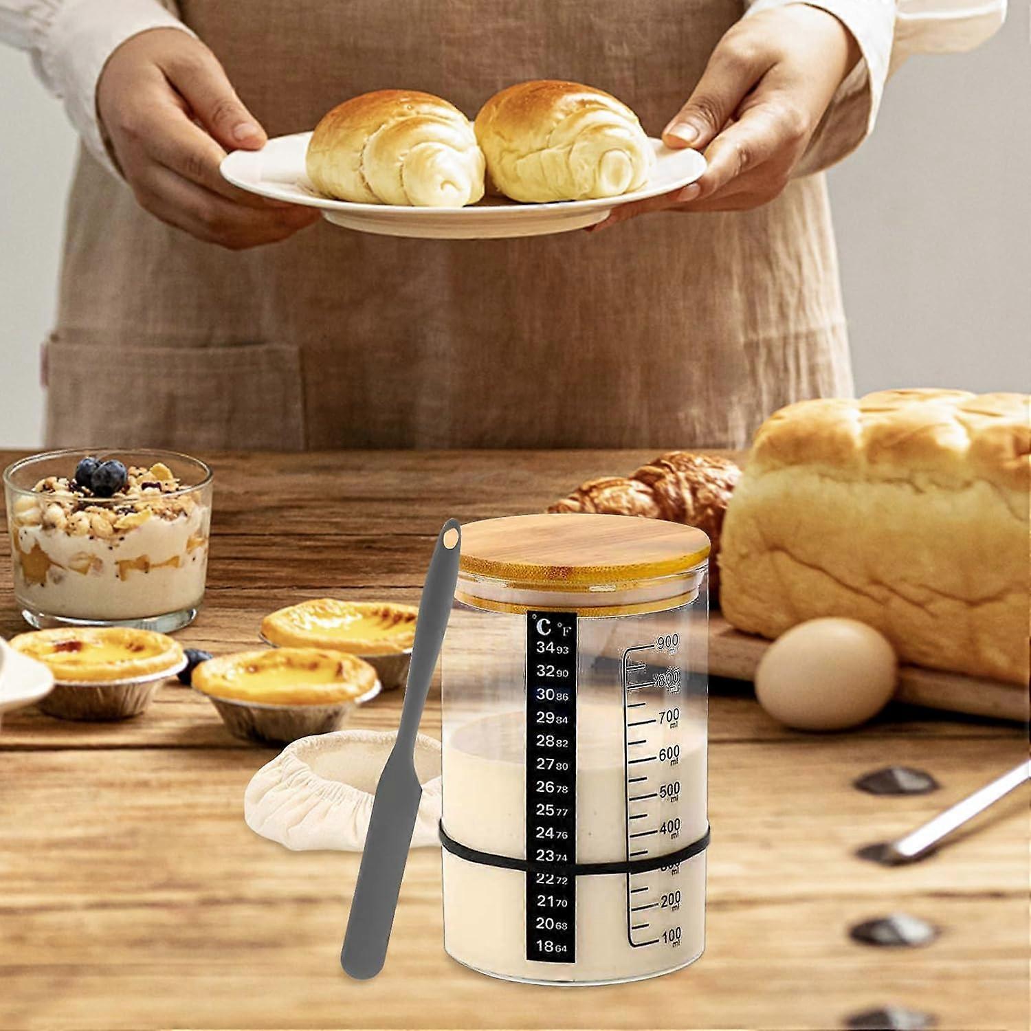 Sourdough Starter Kit - 50oz Glass Jar, Dough Whisk, Thermometer, Cloth Cover & Bamboo Lid