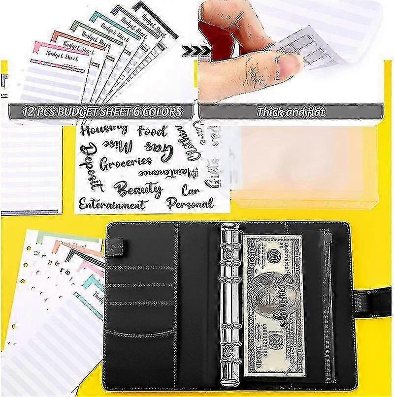 A6 Binder Budget Planner Notebook with 6 Hole Pockets Plastic Zipper Money Saving Envelope