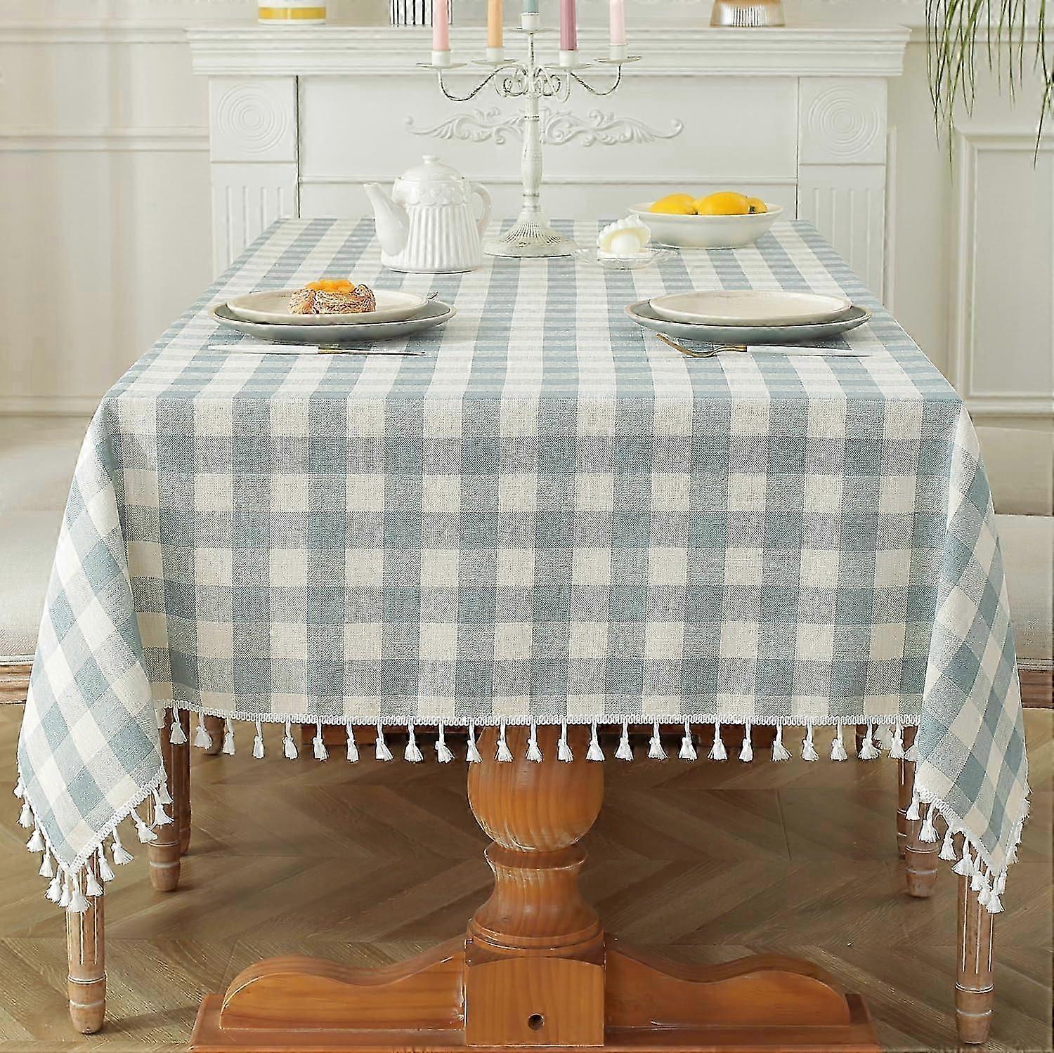 Square Tablecloth Rectangle Washable with Tassel Cotton Linen Plaid Tablecloth for Picnic Kitchen Dining Room, Blue, 86 inches