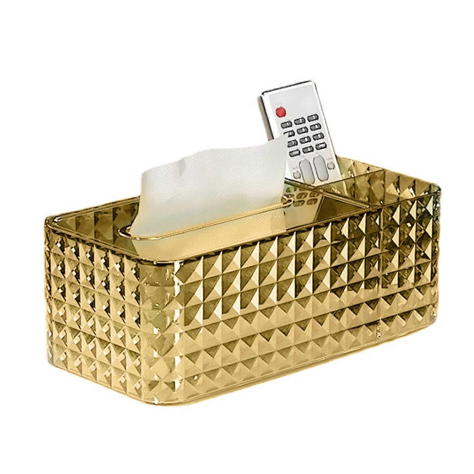 Tissue Box with Rhombus Texture, Multifunctional Acrylic Desk Organizer for Dressing Table, Bedside Table, Gold