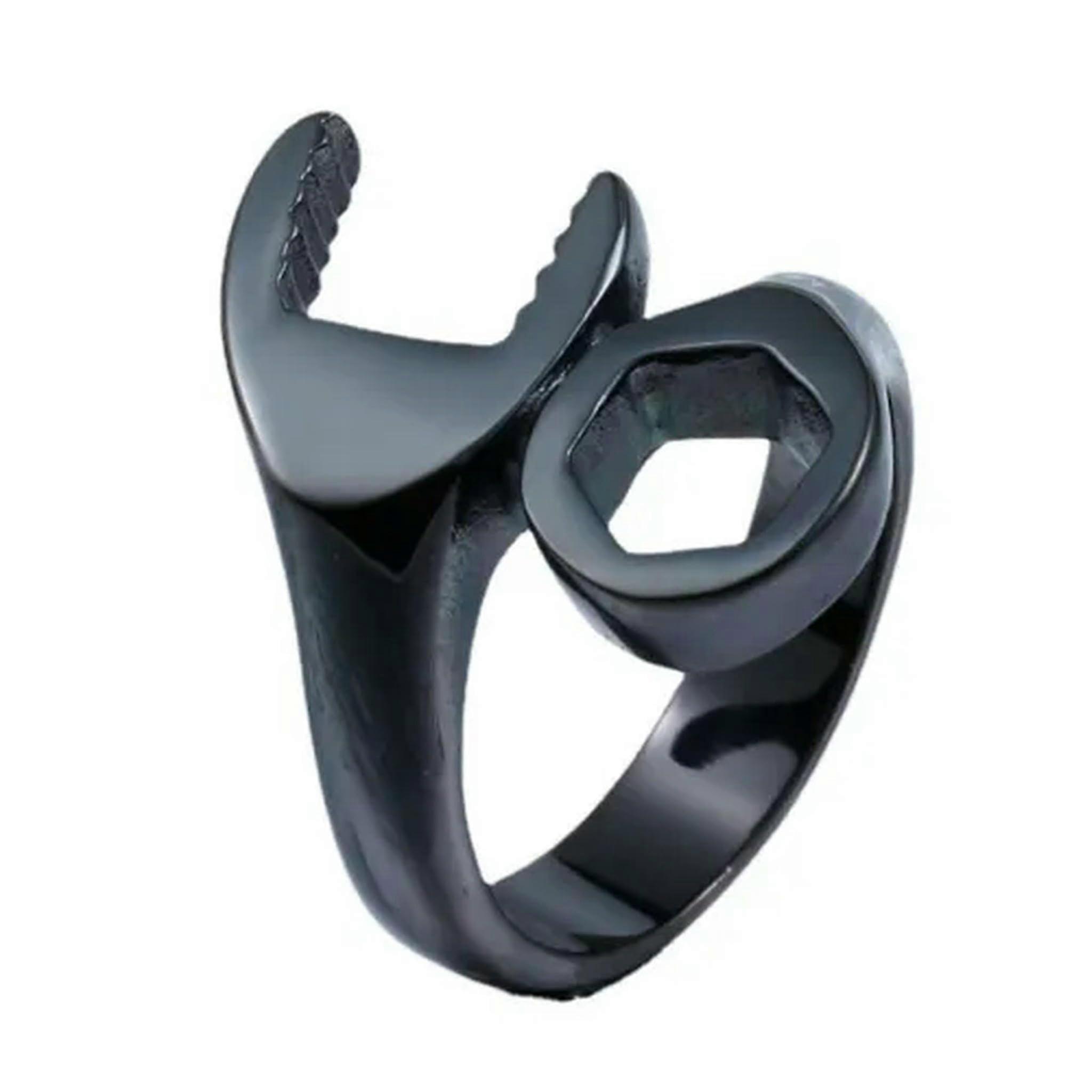 Biker Style Men's Ring with Wrench Design, Stainless Steel, Size 7–14, Black Color, Durable and Stylish