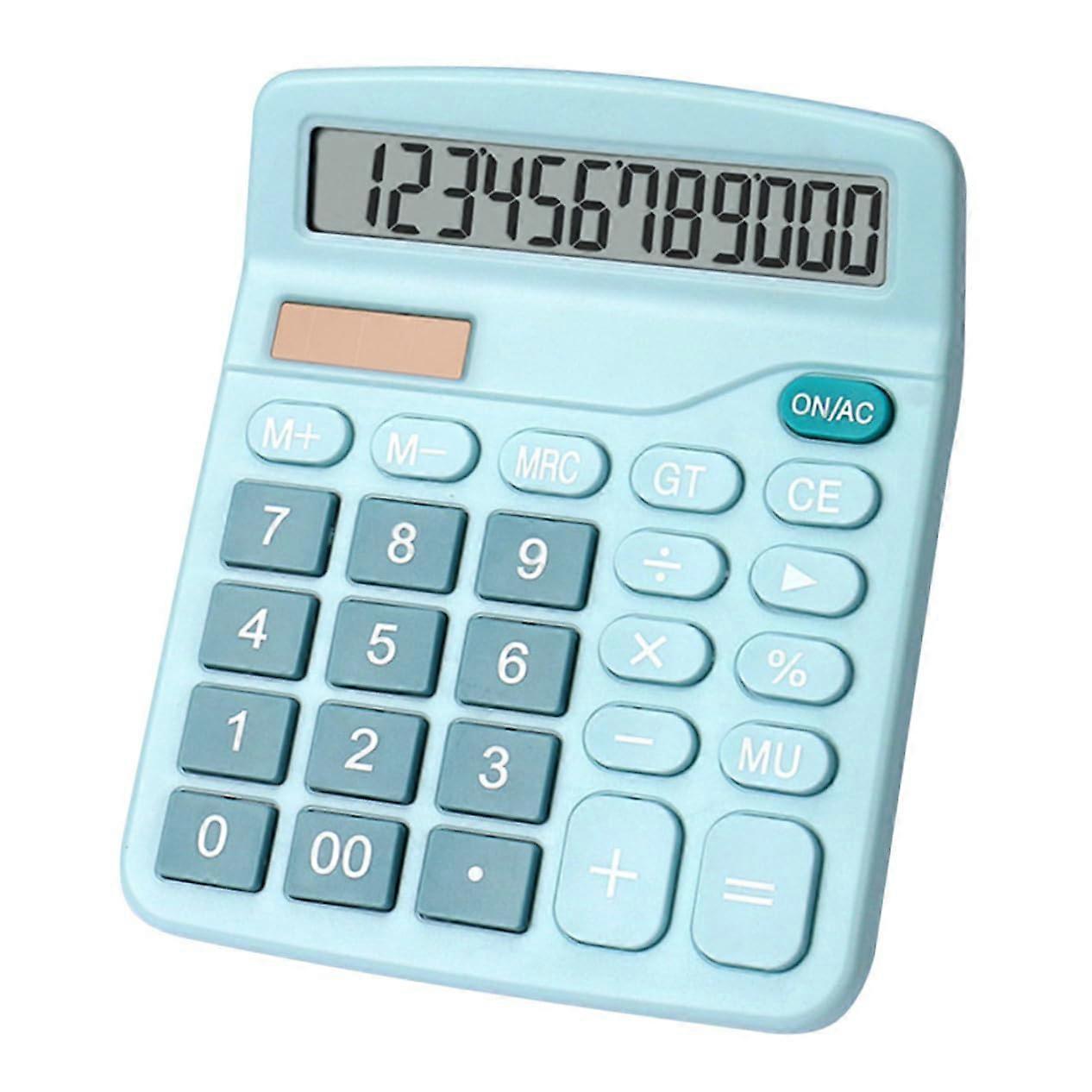 Colorful calculator with solar and battery operation for students and office work, portable, durable, with large LCD display.