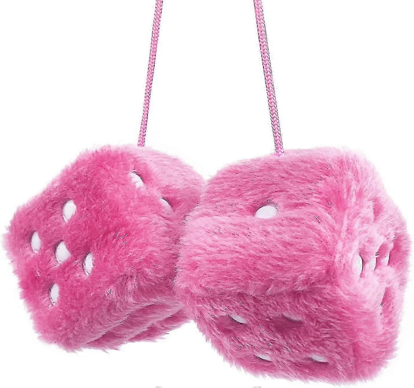 Pair Of Retro Square Mirror Hanging Couple Fuzzy Plush Dice With Dots For Car