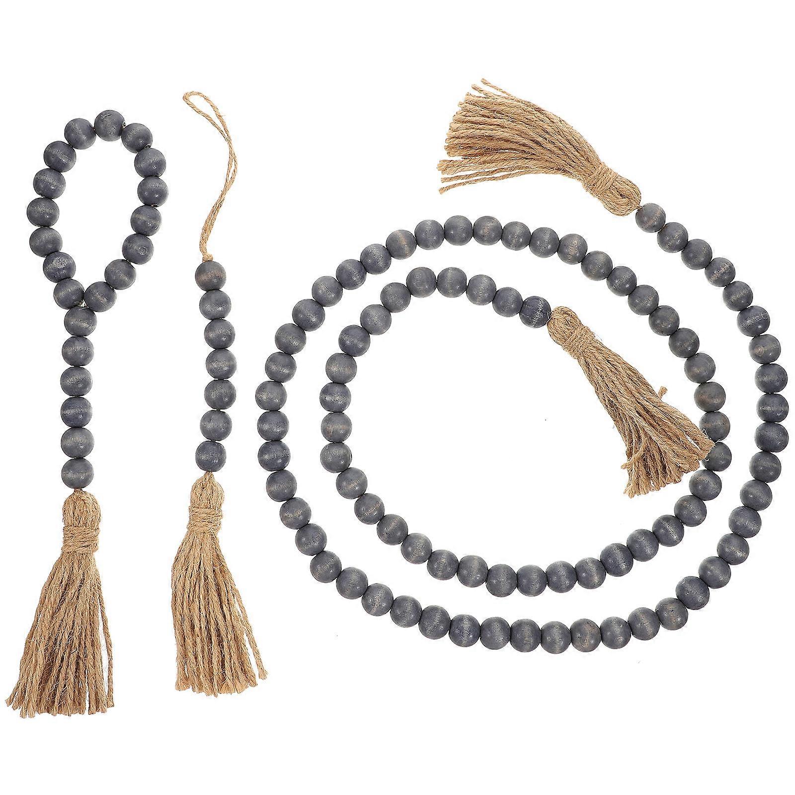 Wood Bead Garland with Hemp Rope Tassel for Home Decor Grey Color Wooden Beads and Tassel 3pcs