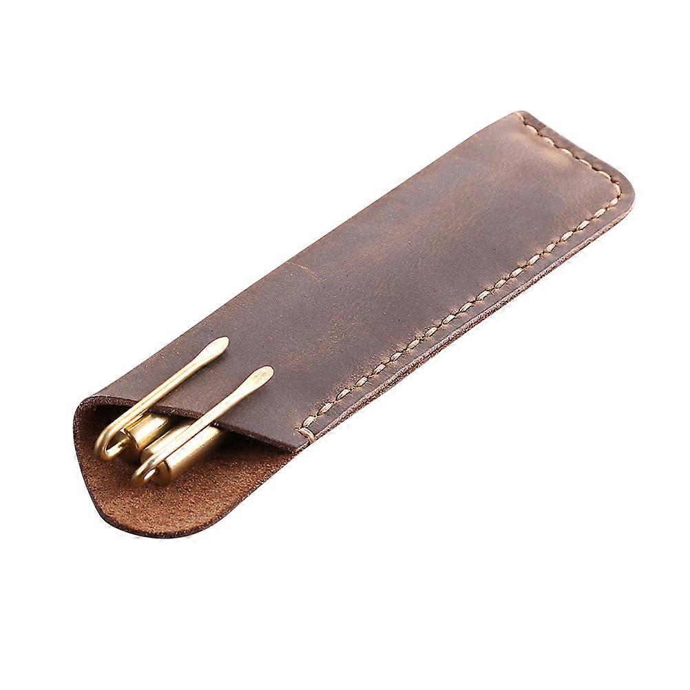 Dark Brown Pen Case Hand Stitched Retro Design for Everyday Use at Office or School 5 Inch