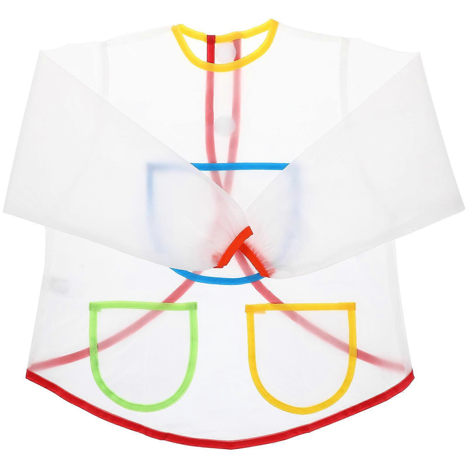 Transparent PVC Waterproof Long-sleeved Painting Apron for Children with 3 Large Pockets Adjustable