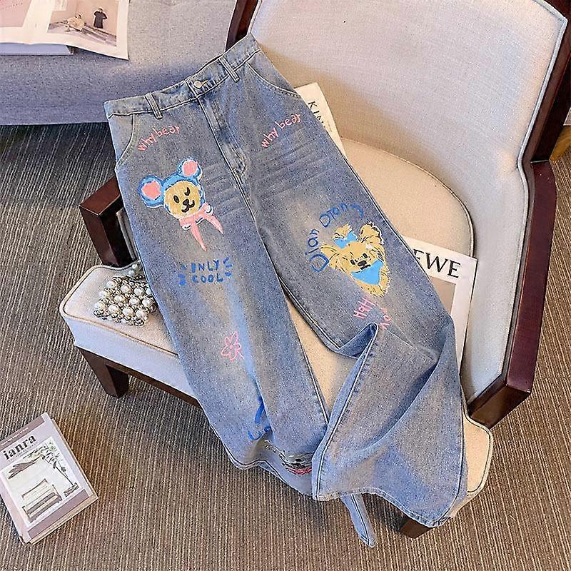 Spring Summer Autumn Women's Jeans Plus Size Printed Elastic Waist Straight Pants