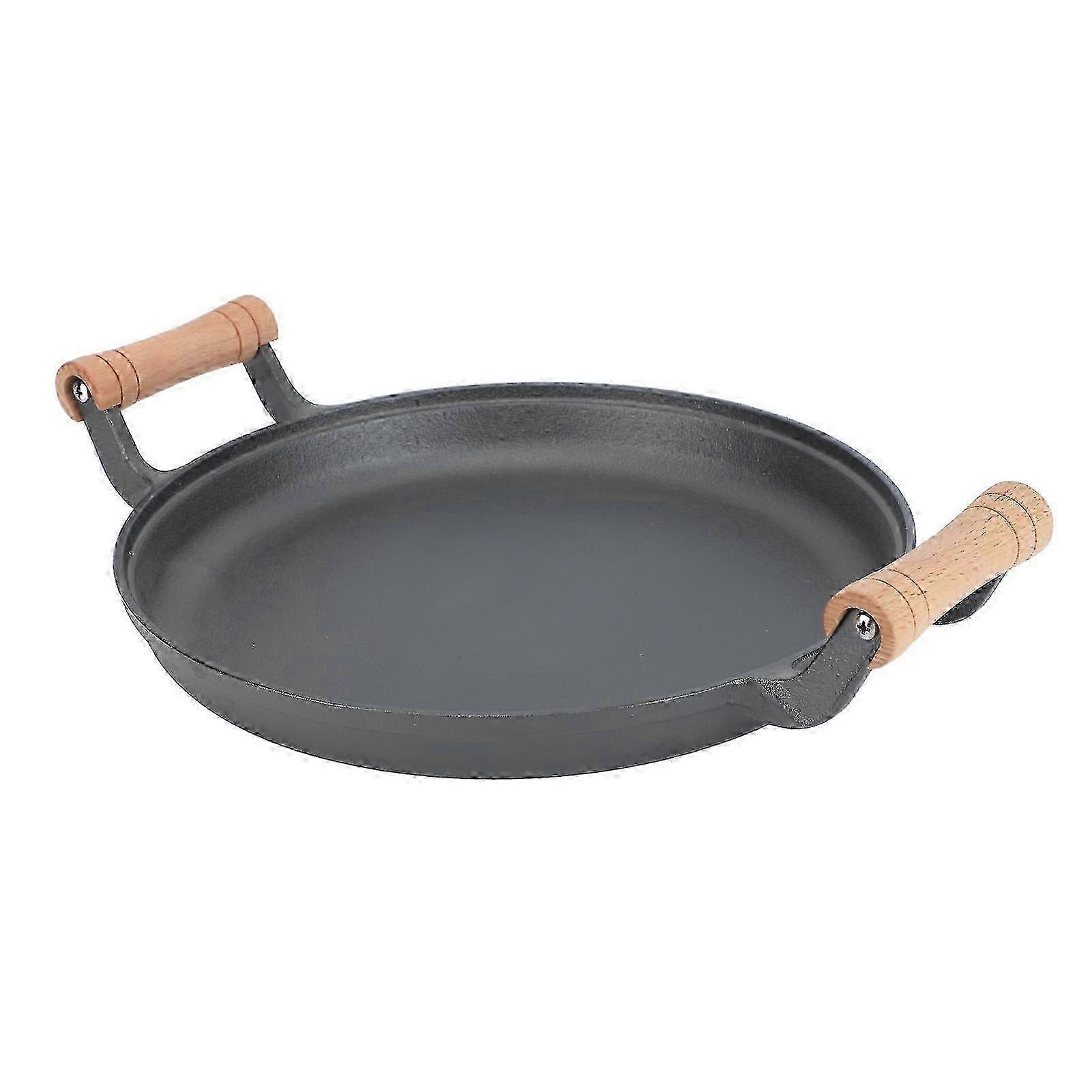 Bbq Grill Pan With Dual Wooden Handles Round Cast Iron Steak Frying Meat Roasting Skillets For Barbecue Gatherings 30cm/11.81in