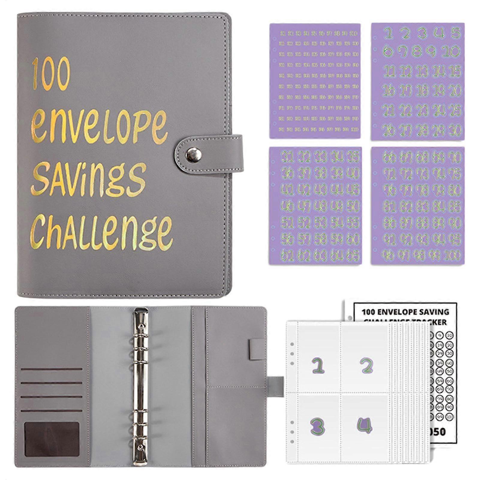 100 Envelopes Challenge Binder A5 Grey Cash Folder Organizer with Transparent Money Saving Envelopes for Budgeting