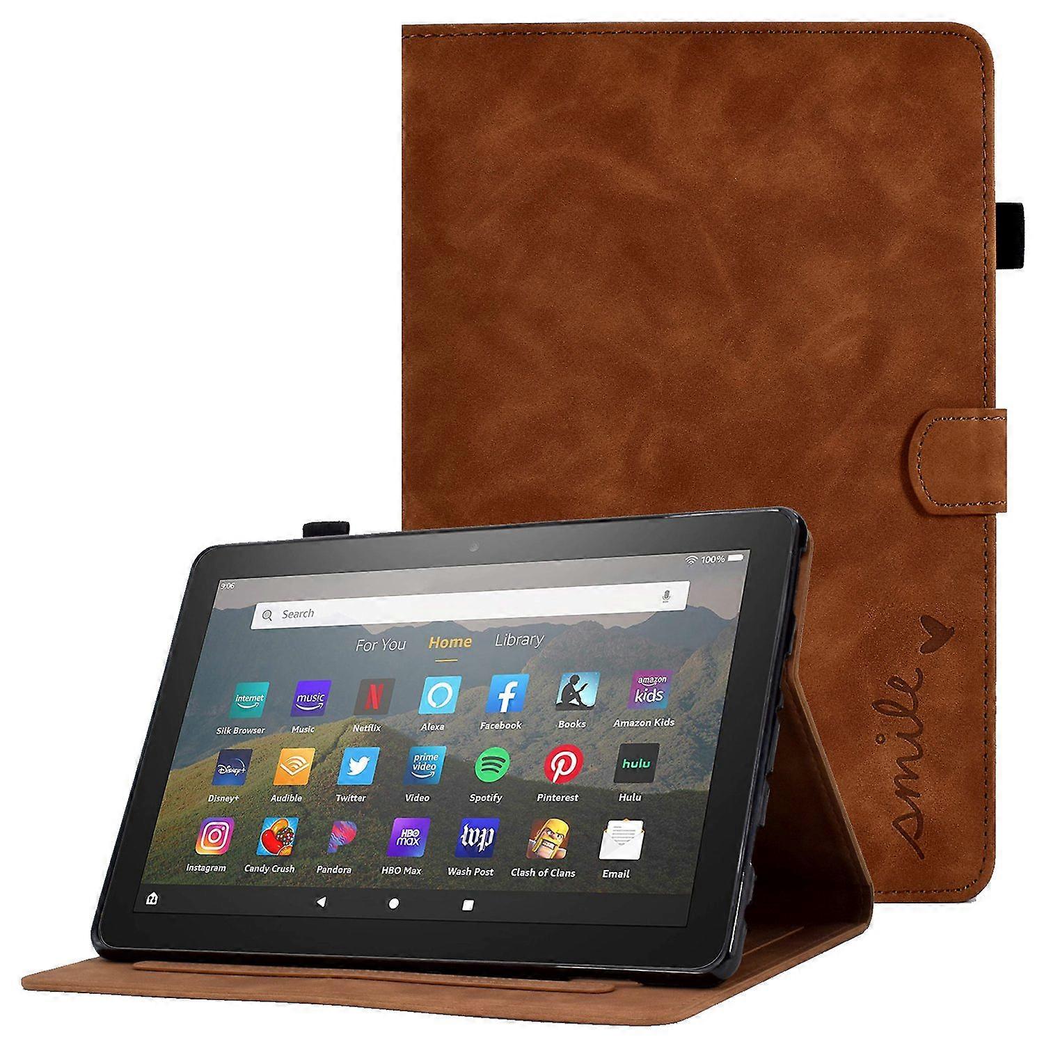 For Amazon Fire HD 8 (2020) Solid Color Heart Shape Imprinted PU Leather Shockproof Cover Card Slots Design Foldable Stand Protective Case Brown