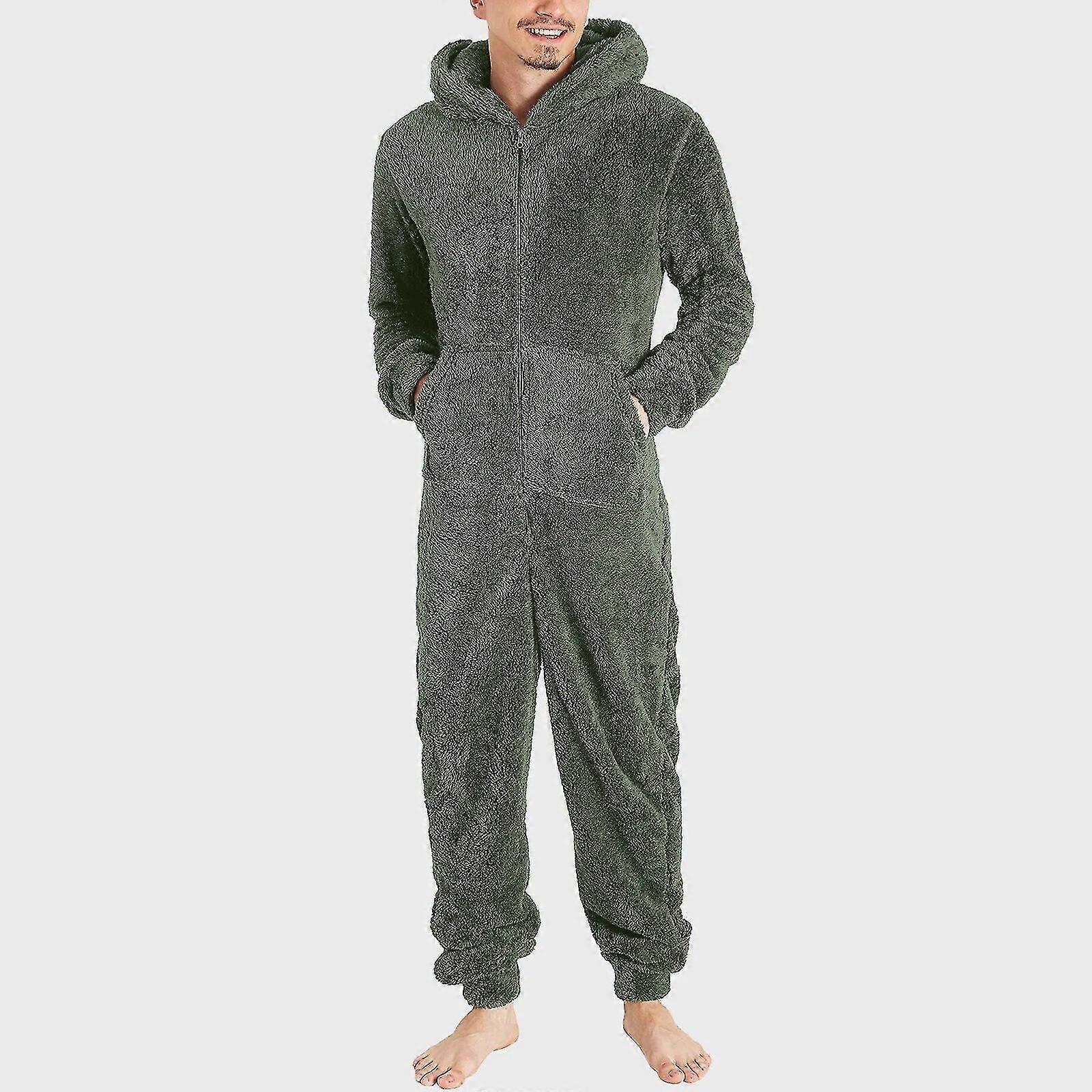 Homens Lã artificial manga comprida pijamas casual cor sólida zíper solto com capuz macacão pijamas casual inverno quente rompe 1