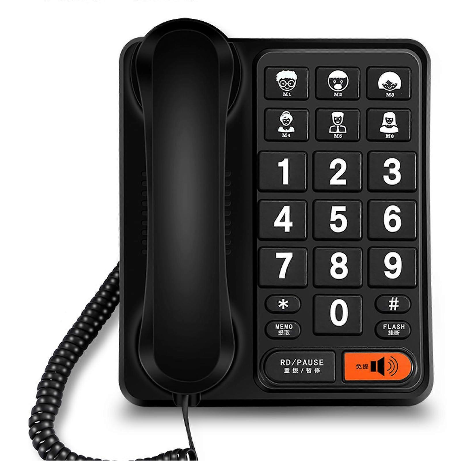 Home and office landline phone with loud sound, large buttons, wallmountable, designed for seniors, featuring onetouch dialing, black.