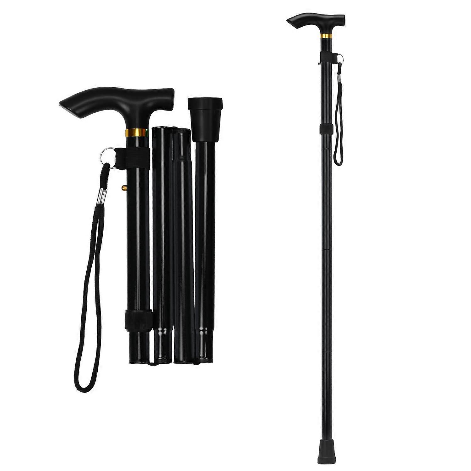 Folding Stick 5-Level Height-Adjustable Walking Stick With Hand Strap And T-Handle Travel Stick Black For Elderly