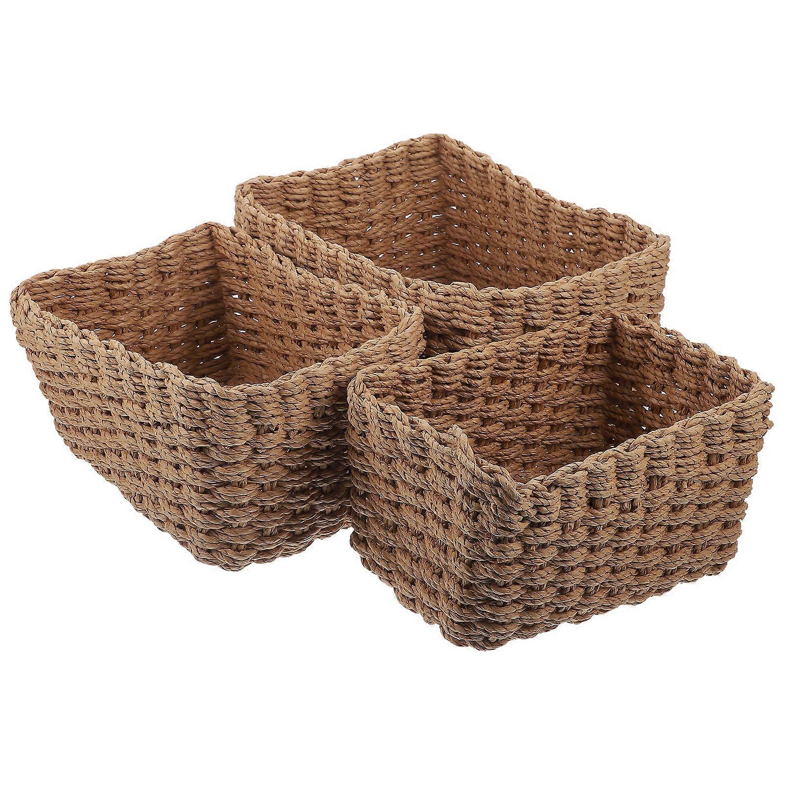 Storage Basket Handmade Straw Material for Office Use Coffee Color Multi-Functional Storage 3Pcs