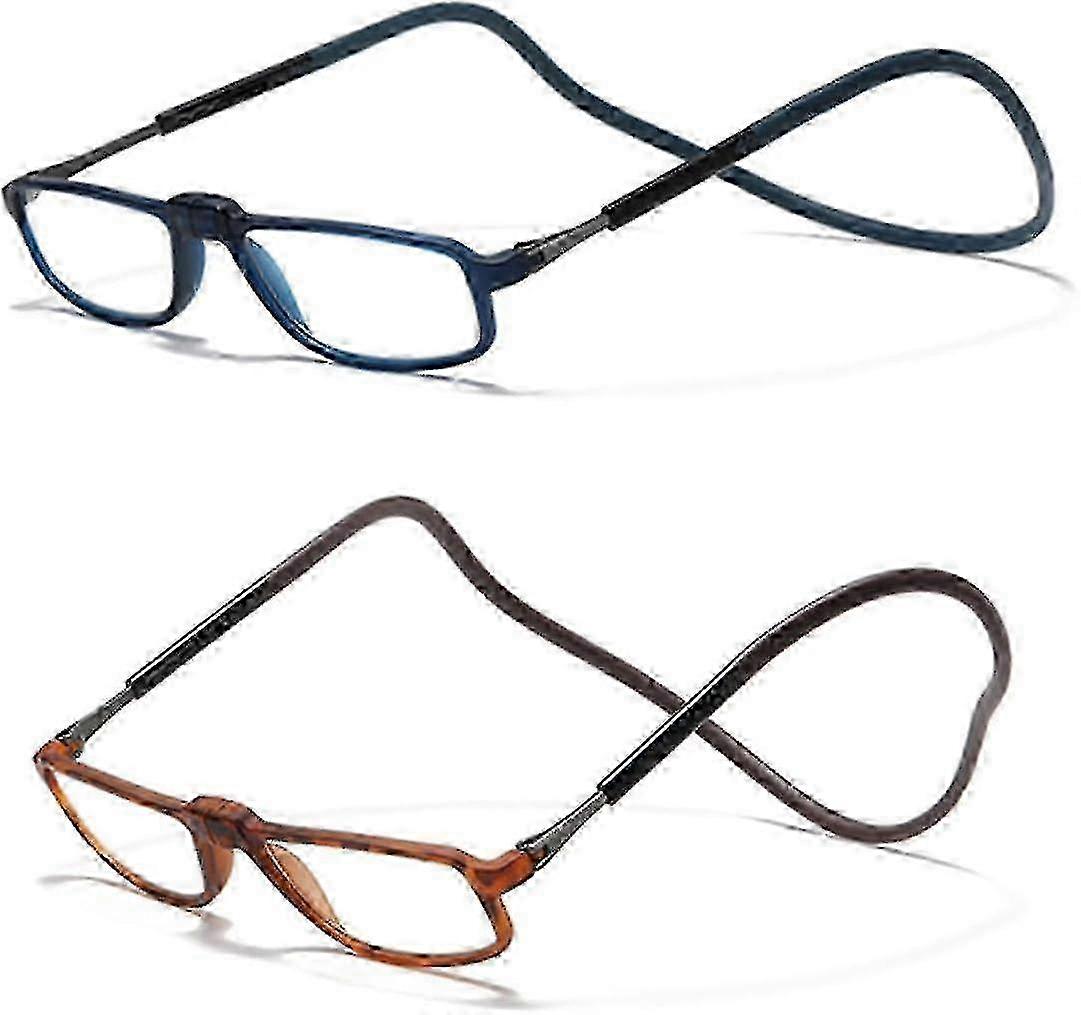 2 Pack Magnetic Reading Glasses with Adjustable Temples & Headband, Unisex Blue-Brown Frame for 2.5x Magnification