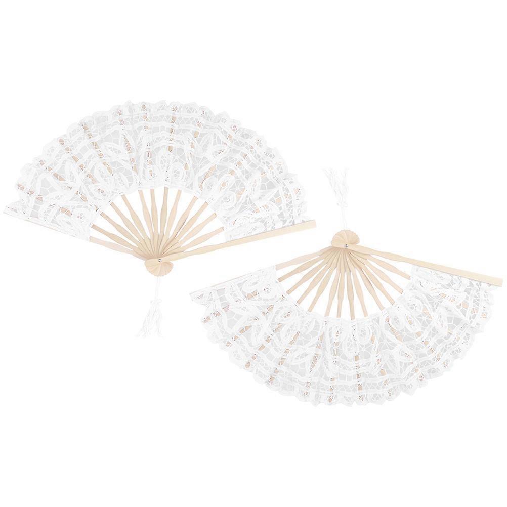 Vintage Lace Hand Fan for Women with Tassel Lightweight Portable for Daily Use White 2pcs