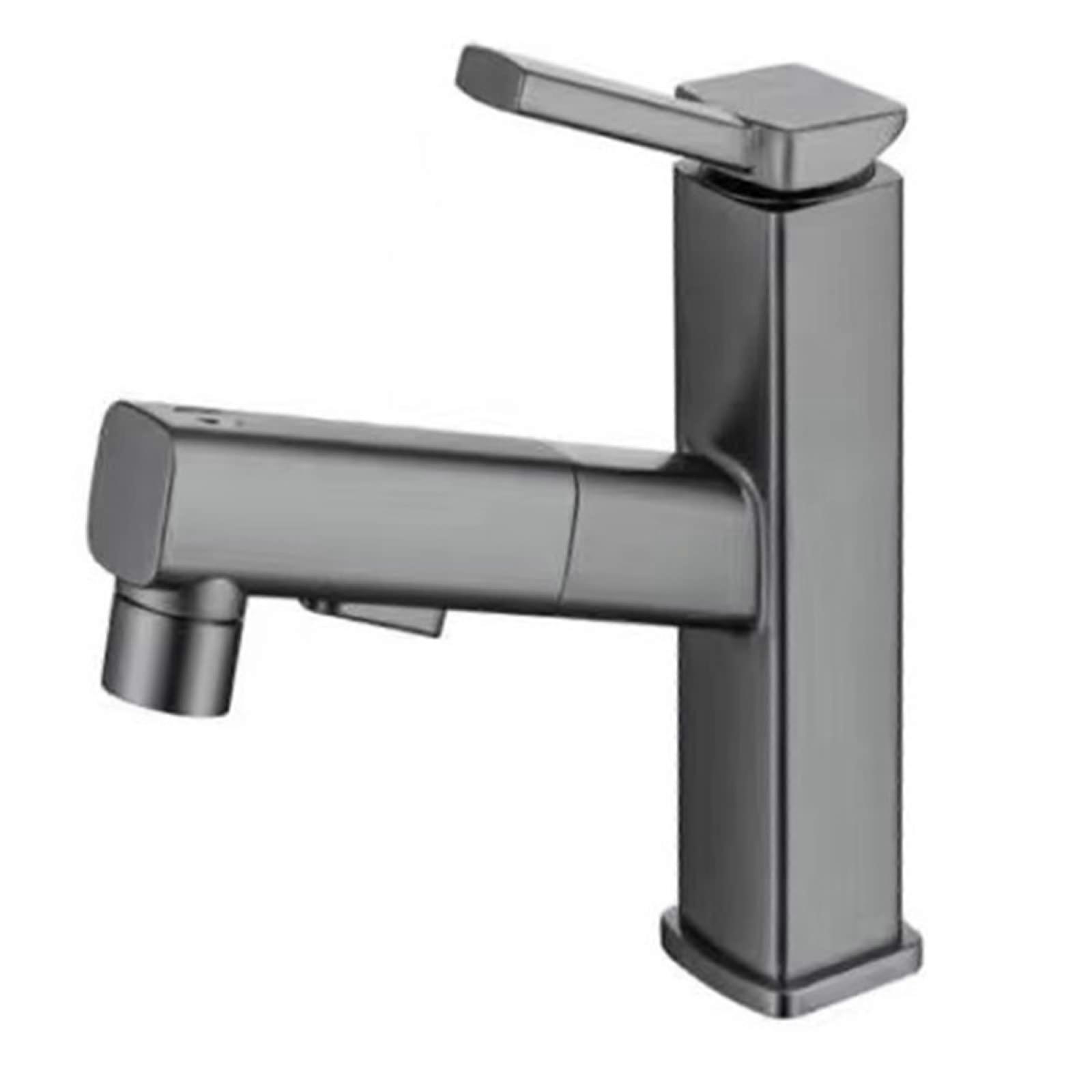 Bathroom Sink Faucet With Pull-Out Sprayer, 3-Mode Pull-Down Sprayer, Single Hole, Black Finish, Single-Handle Brass Tap