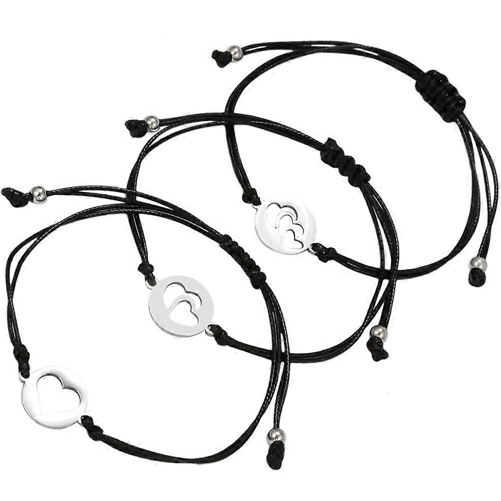 Black Stainless Steel Heart Bracelet for Decor Adjustable Woven Rope 1Set