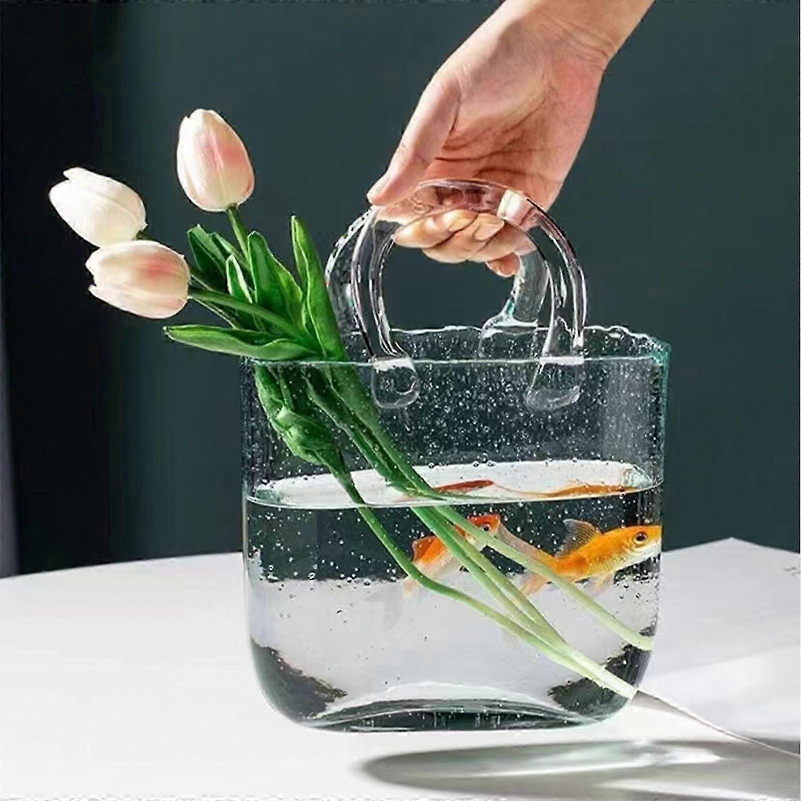 Stylish Glass Vase Handbag with Handle and Bubbles, Unique Fish Bowl Flower Vase