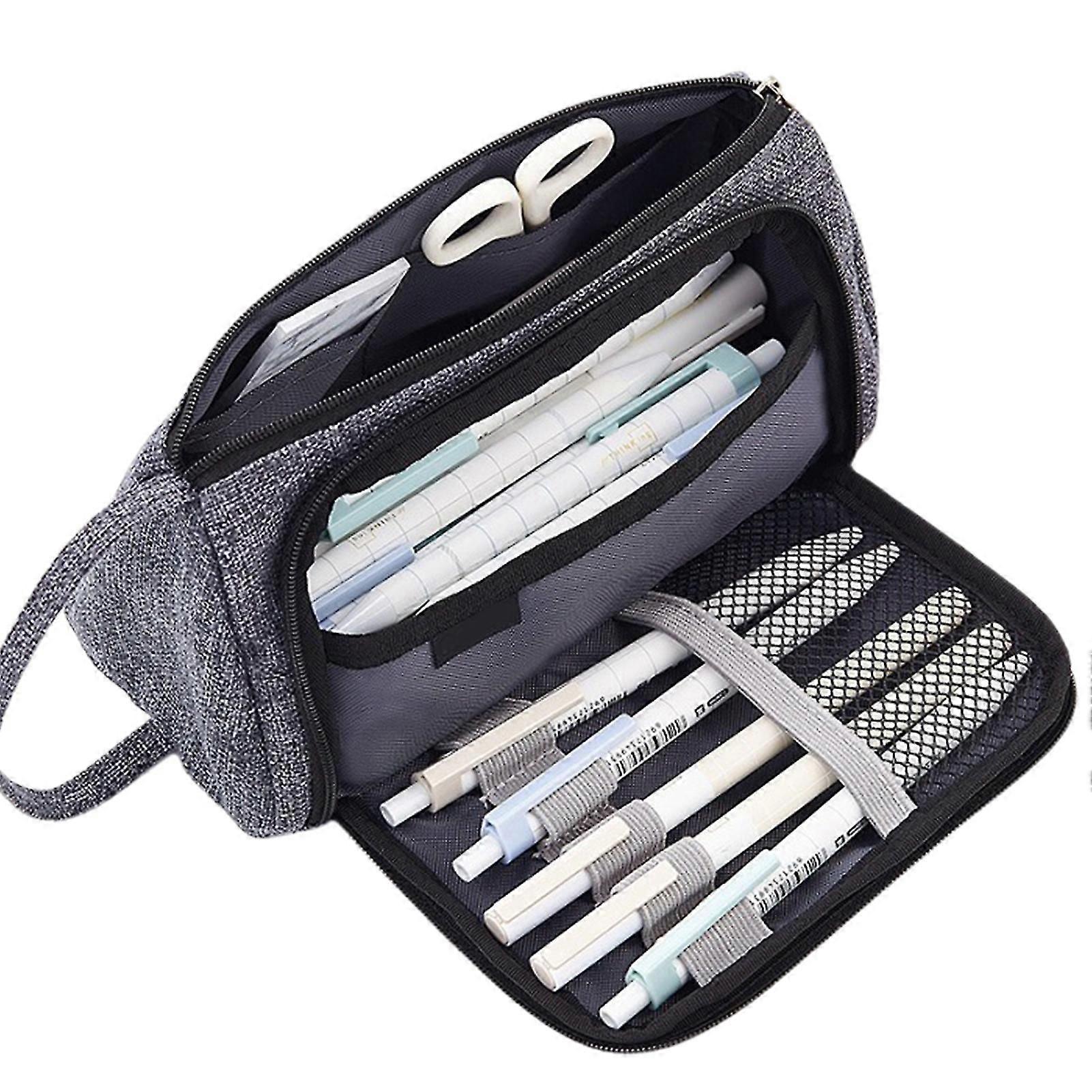 Zippered pencil case with multiple compartments for school and office.