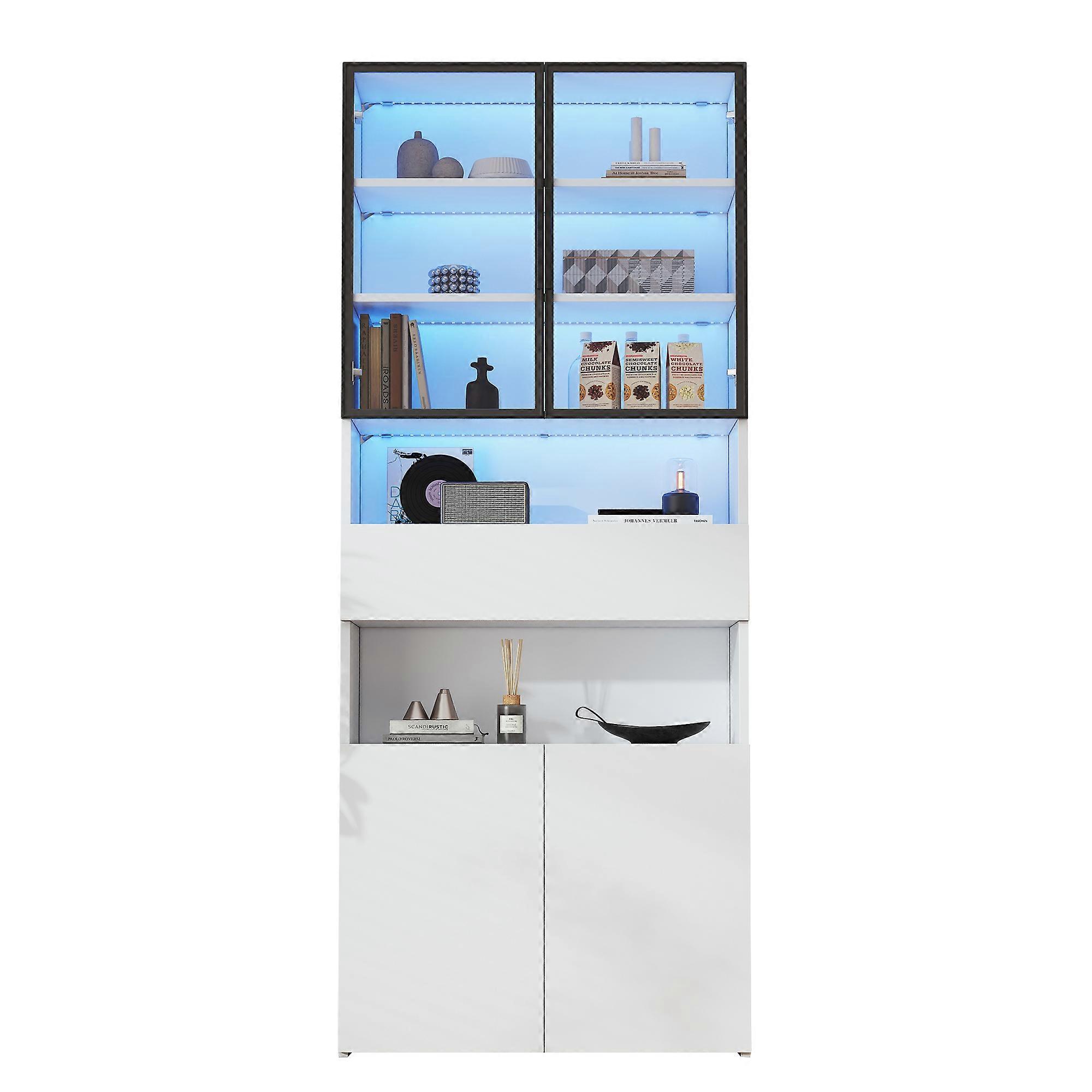 White Glass Display Cabinet 70cm LED Lighting Drawers Open Shelf Doors