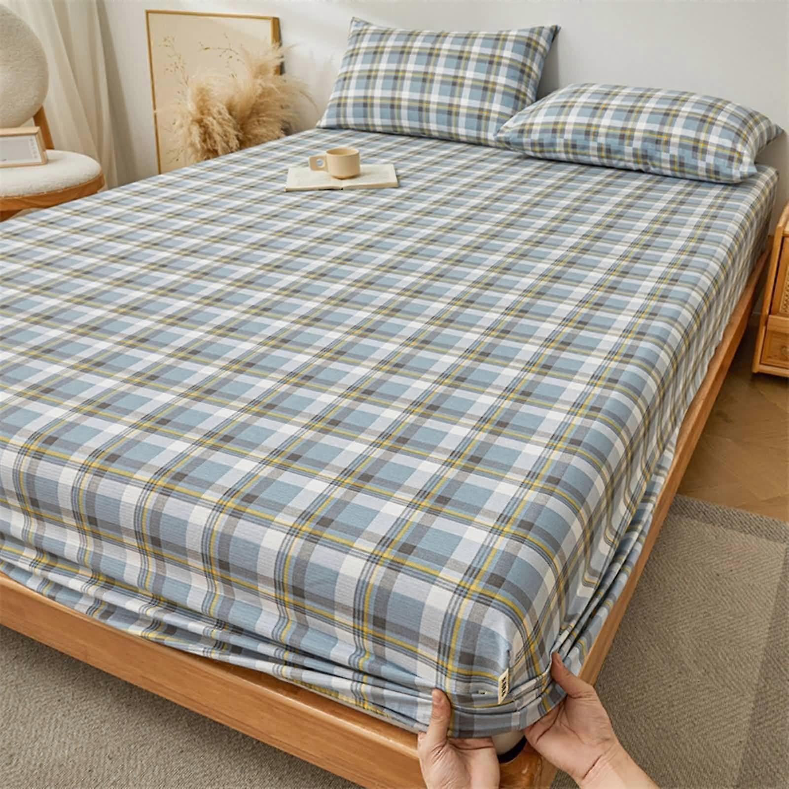 Fitted Sheet 180x200 Cm Cotton Elastic 3Piece Set With 2 Pillowcases Checkered Pattern Blue Grey Yellow Box Spring Bed