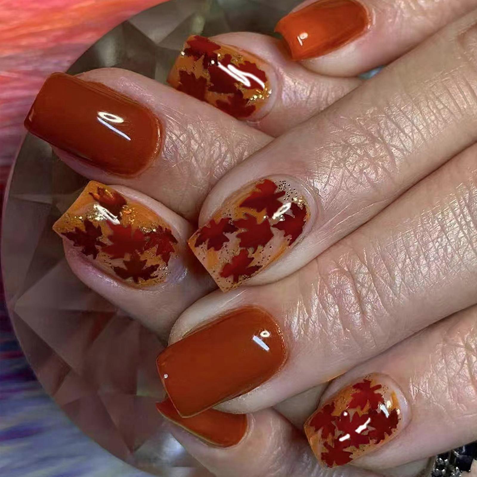 24Pcs Maple Leaf Themed Press on Tips Shine European Edge Design Short Square Artificial Nail Tips Radiance Multicolor