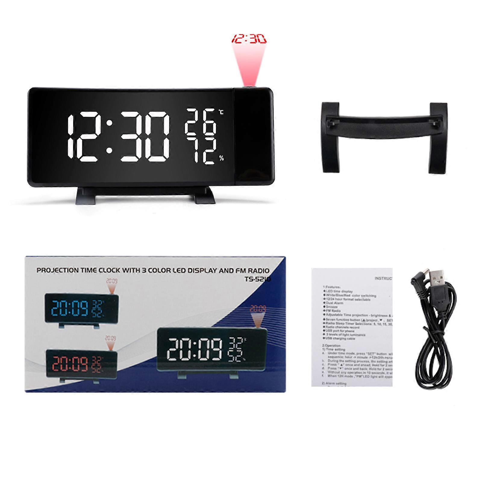Bedroom LED Display Digital Alarm Clock with Ceiling Projection and 2 USB Charger Port Curved Screen Temperature Meter Multicolor