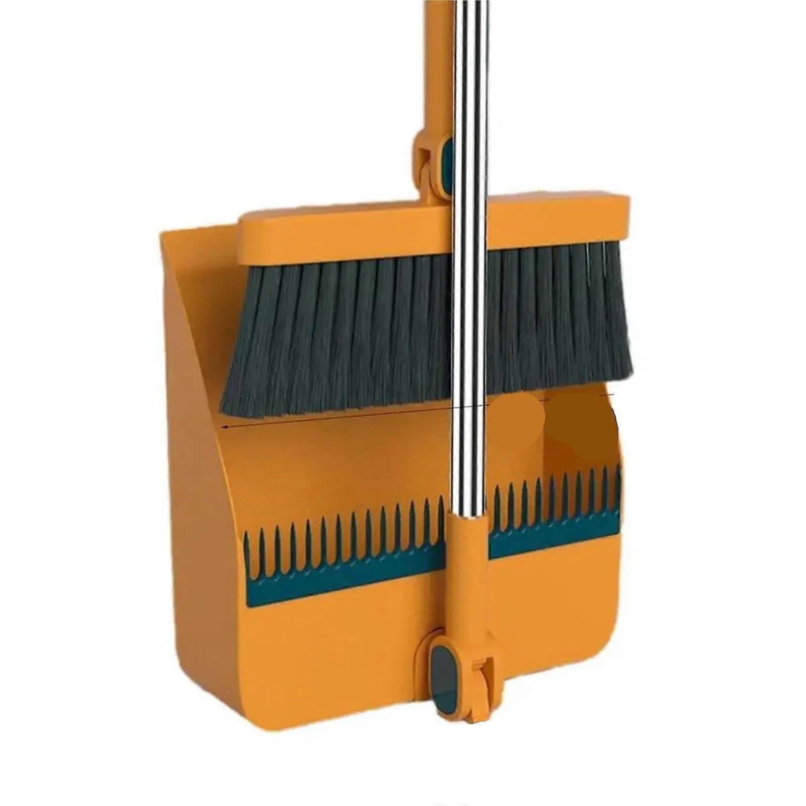 Broom and Dustpan Set with Foldable Upright Pan 180° Rotating Soft Bristles for Home Floor Cleaning (Orange)