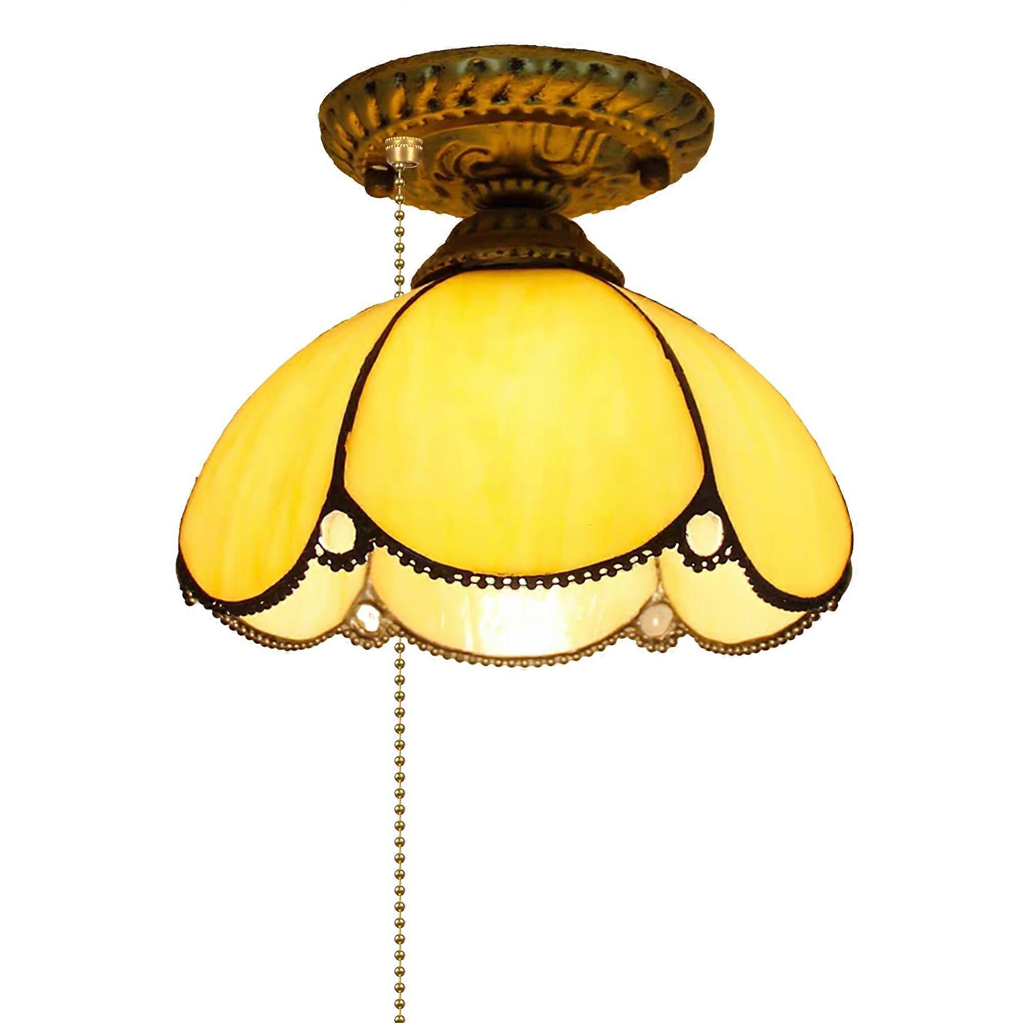 12V RV Ceiling Light Tiffany Style Shade with Zipper Switch Yellow Stained Glass Semi Flush Mount