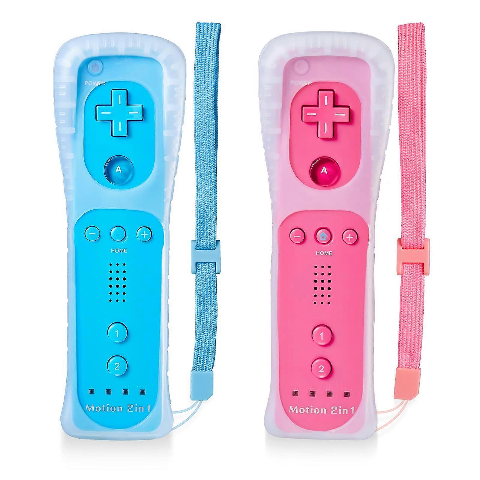 2Pack Wii Remote Controller with Builtin Motion Plus for Nintendo Wii and Wii U, Wireless with Silicone Case and Wrist Strap (Pink and Blue)