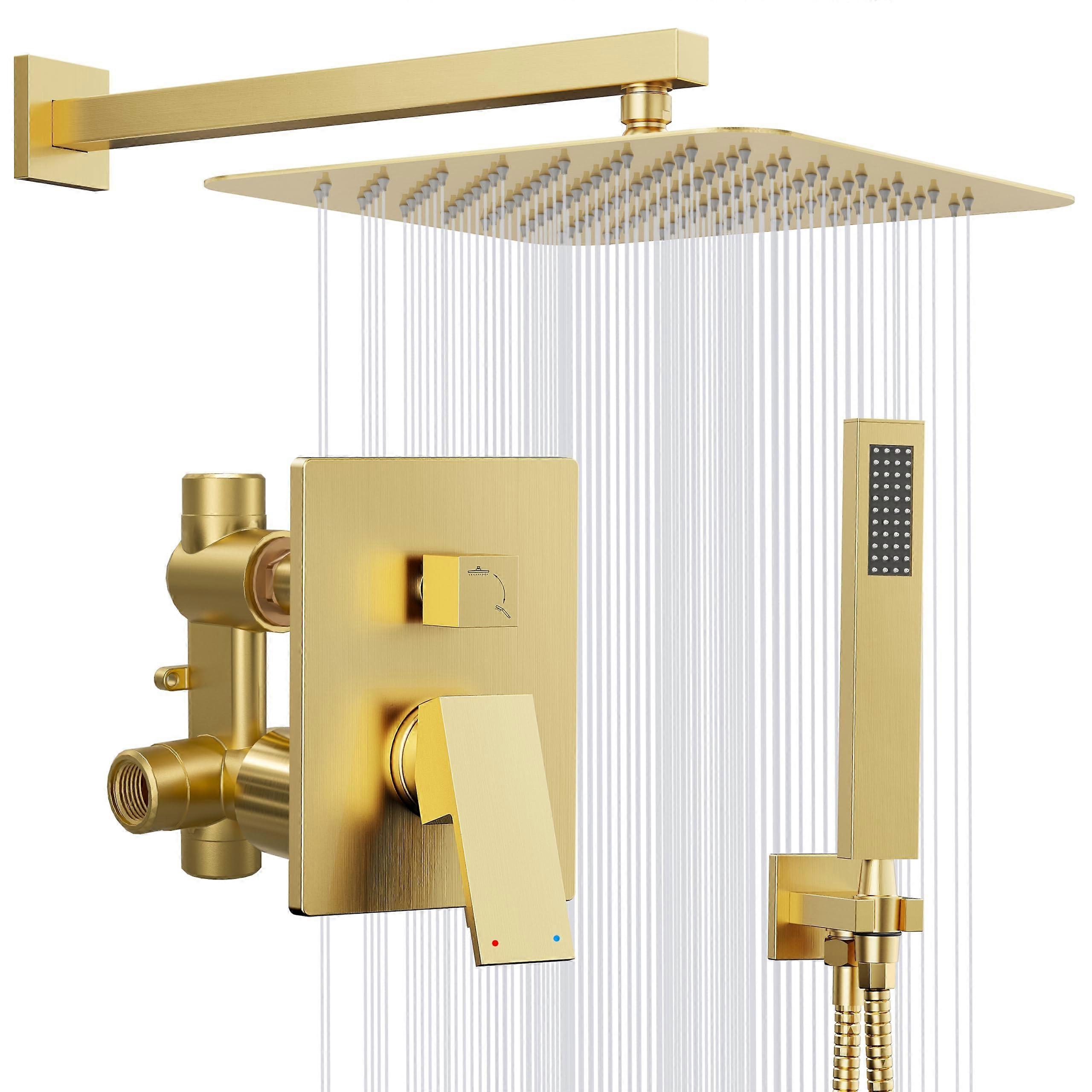 Brushed Gold Shower System with 10 Inch Rainfall Head and Handheld, Wall Mounted Faucet Set with Valve