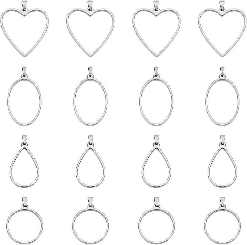24Pcs 4 Styles Open Back Bezel Pendants Stainless Steel Teardrop Heart Round Oval Frame Pendant Epoxy Resin Bezel Pendants with Loop for Uv Resin Pres