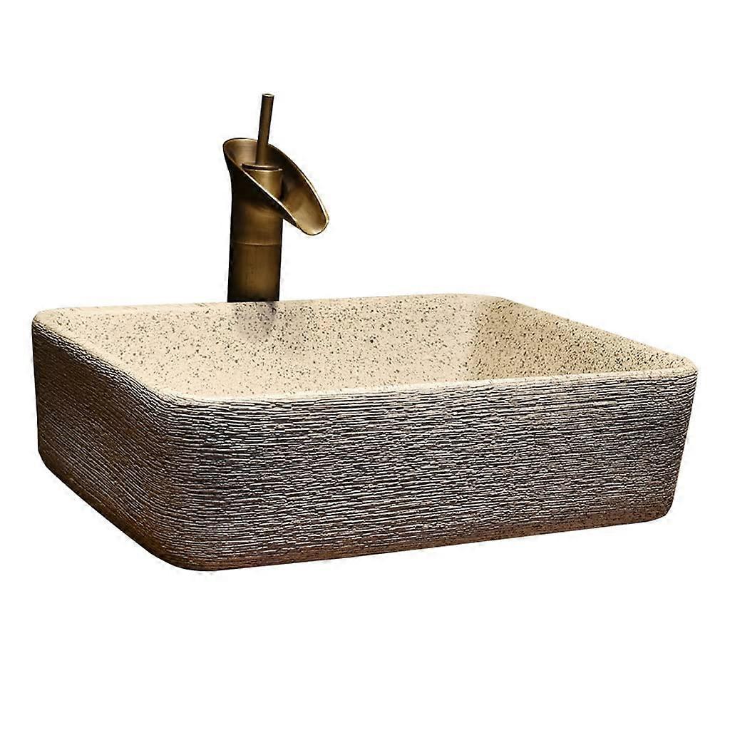 Bathroom Vessel Sink Rectangular Ceramic Basin with Faucet, Modern SpaceSaving Countertop Set