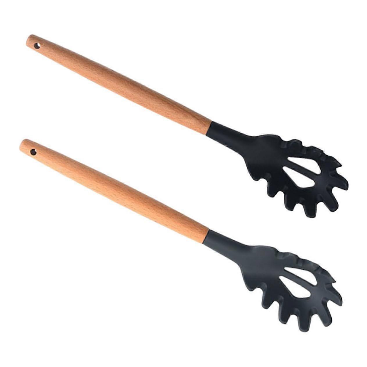 2pcs Heat Resistant Silicone Pasta Server with Wooden Handle Spaghetti Spoon for Easy Straining