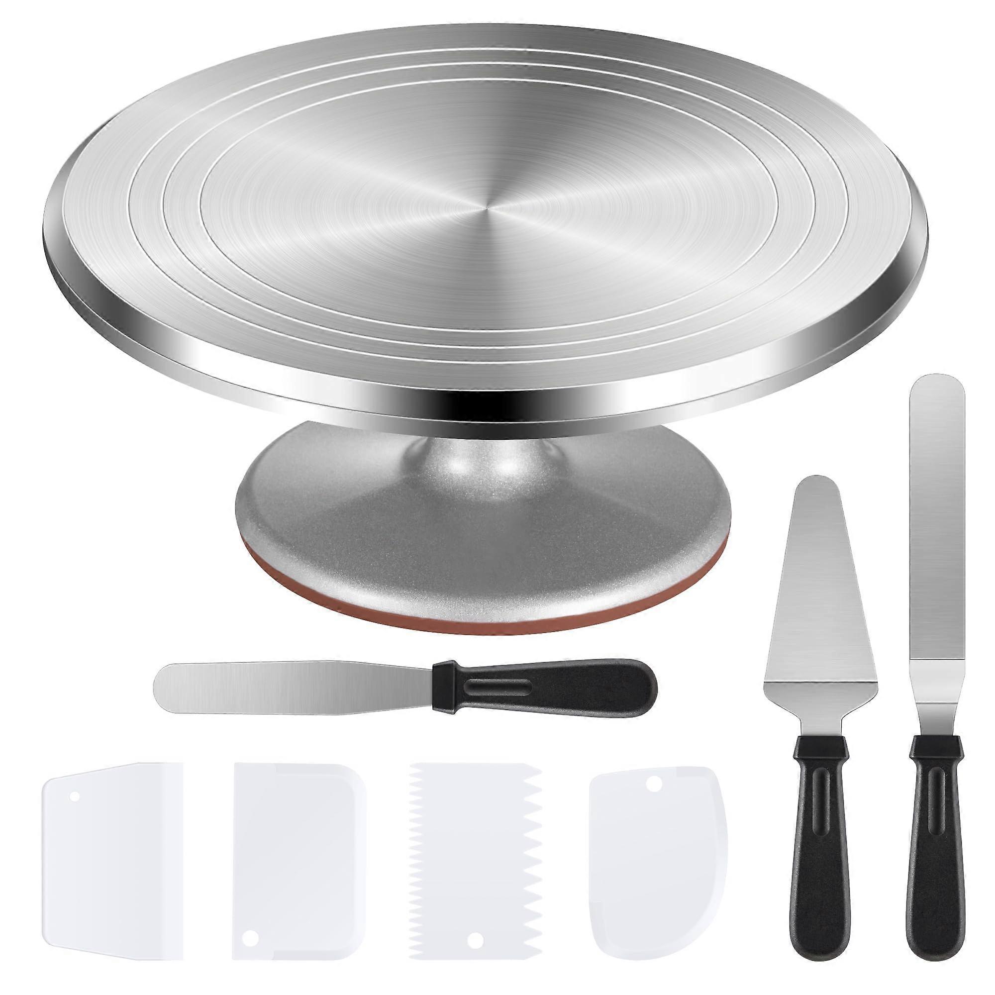 12 Inch Aluminium Cake Turntable with Icing Spatulas and Combs, Rotating Stand for Baking