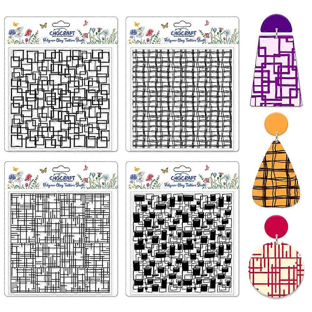 4 Pcs Graffiti Grid Polymer Clay Texture Sheets Abstract Squares Silicone Texture Stamp Seamless Pattern Modeling Pattern Pad Sheets for Jewelry and E