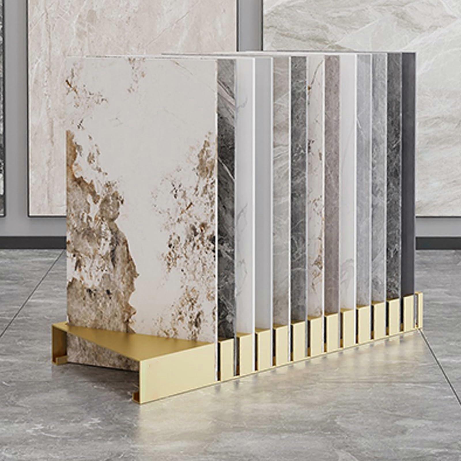 Metal Tile Display Rack Gold 20cm Width, Freestanding Flooring Sample Stand with 13 Slots