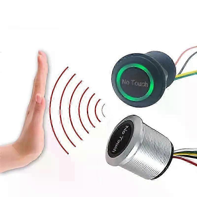 Waterproof, contactless sensor door switch with sensor trigger button, suitable for access control systems, DC12V/24V, with LED indicator.