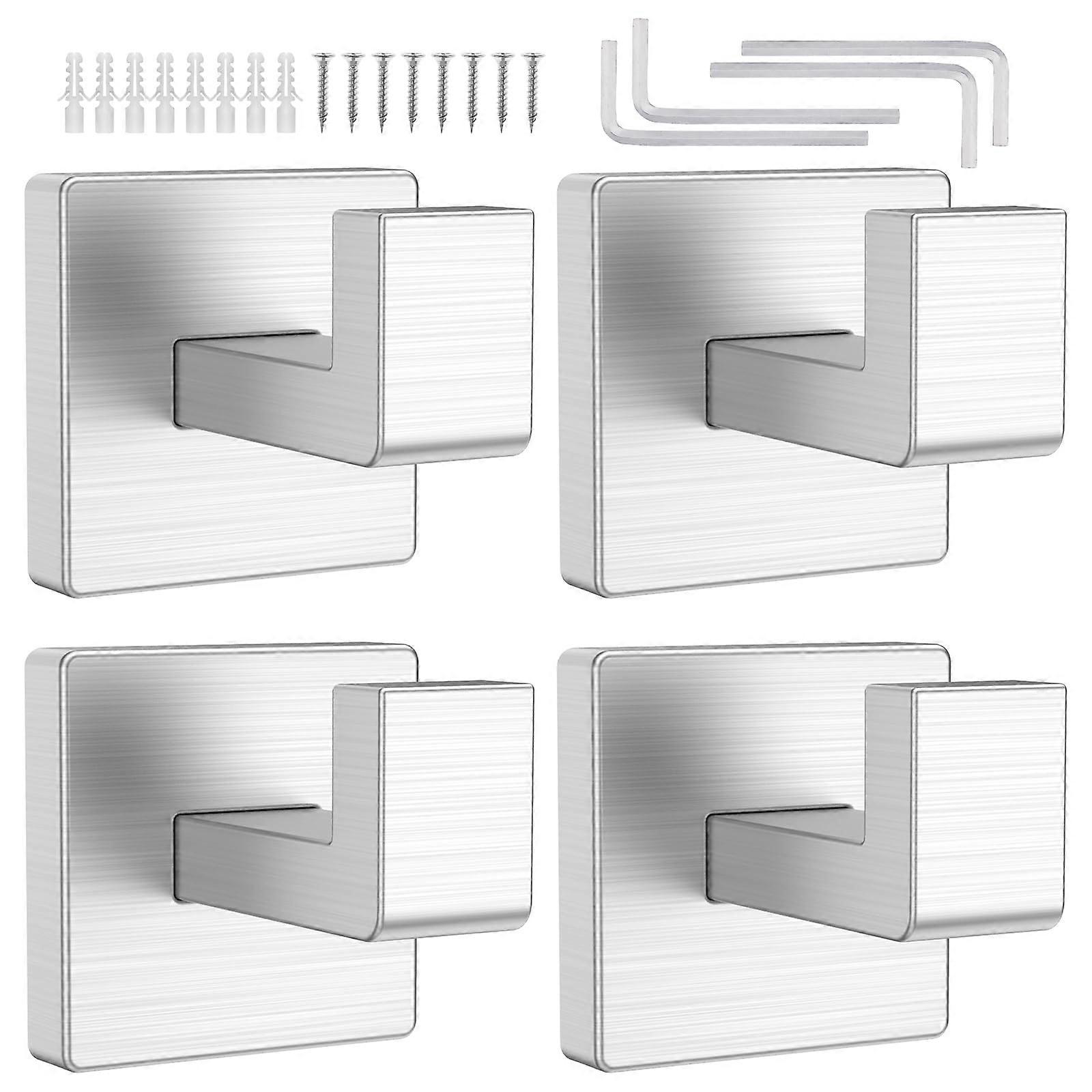 2Pcs Stainless Steel Wall Hooks Rustproof Bathroom Towel Hooks Modern Square Easy Mount Silver