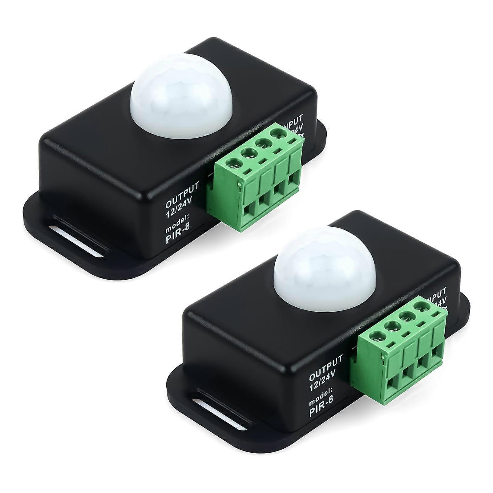 2 Pack 12V 24V PIR Motion Sensor Light Switch for LED Strips, Adjustable Delay Timer, Energy Saving Control, Black