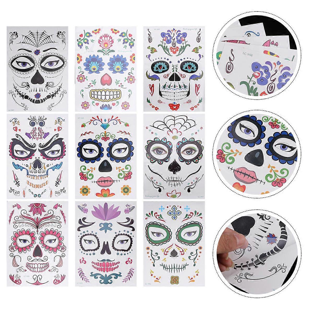 Halloween Face Decals Skull Stickers for Decor 9 Sheets Assorted