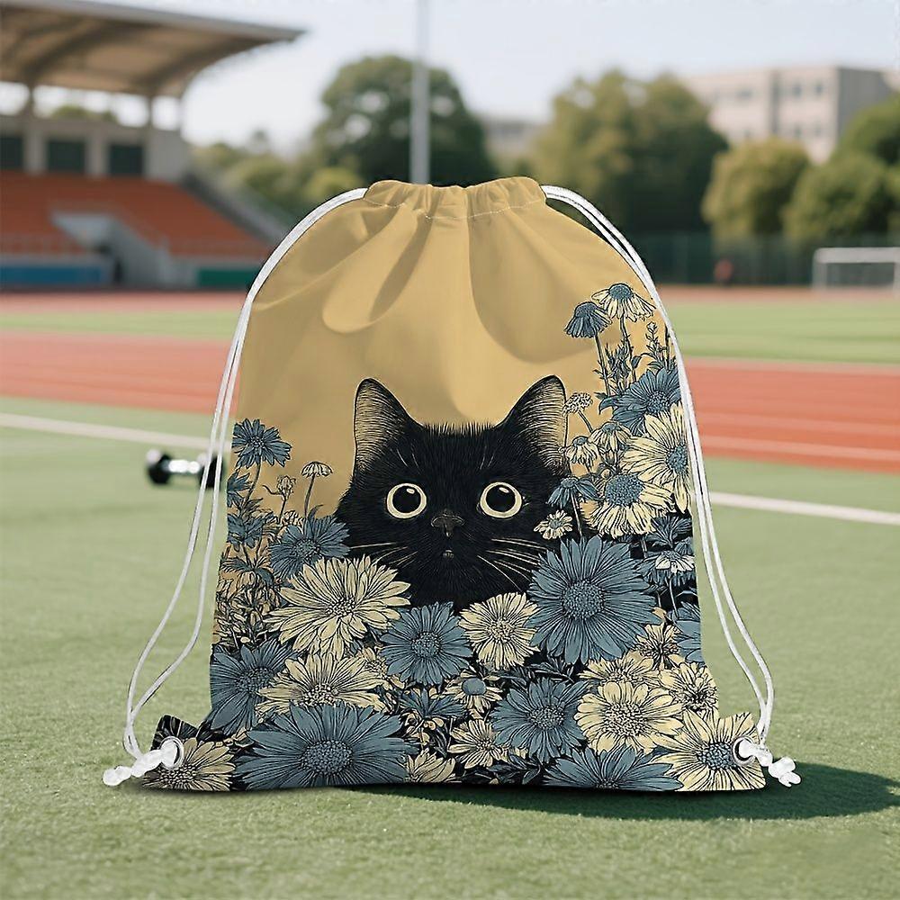 1pc Curious Cat in Blooms 2D Graphic Print Sports Backpack - Softshell Construction, Adjustable Drawstring, Durable Fabr-Gqazw