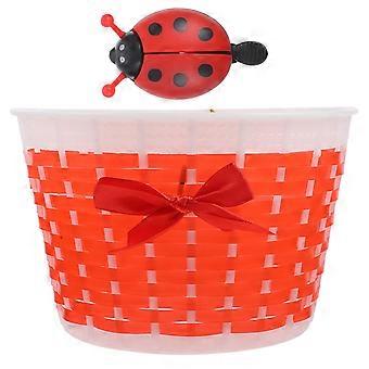 Scooter mand kinderen fiets mand plastic gebreide boog knoop front handgemaakte tas (kleine, rode mand, kleur randomisatie auto bel)