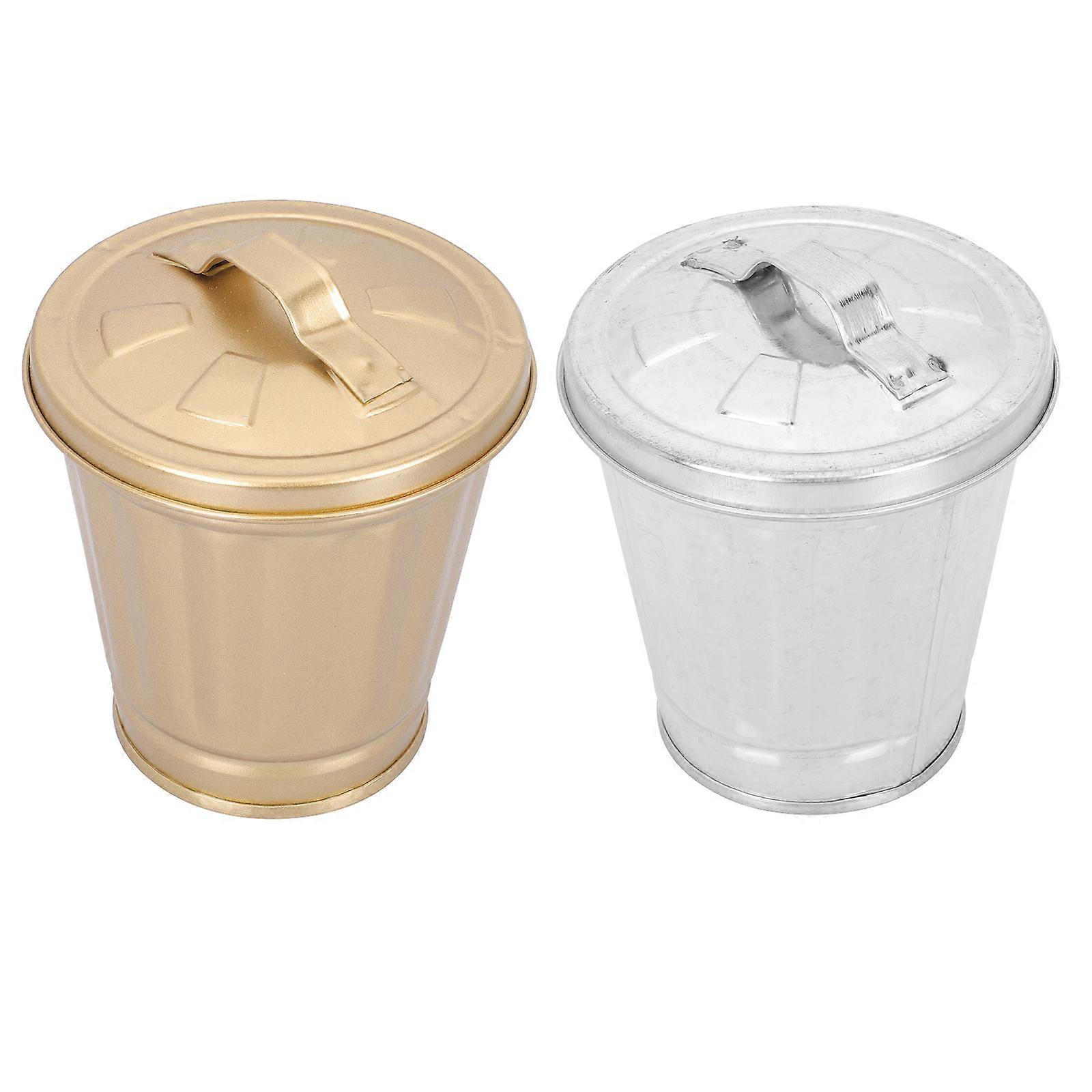 Mini Garbage Can Desktop Iron Trash Bin for Home 2Pcs Tiny Covered Bin