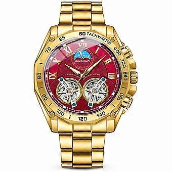 Men's Dual Tourbillon Automatic Skeleton Watch All Gold Red Dial Gold Indices Multifunction Luminous Waterproof JY
