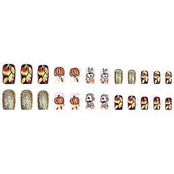 Coffee Pumpkin Easter Press-On Nails, 24 pcs Square False Nail Tips with Adhesive for Women and Girls